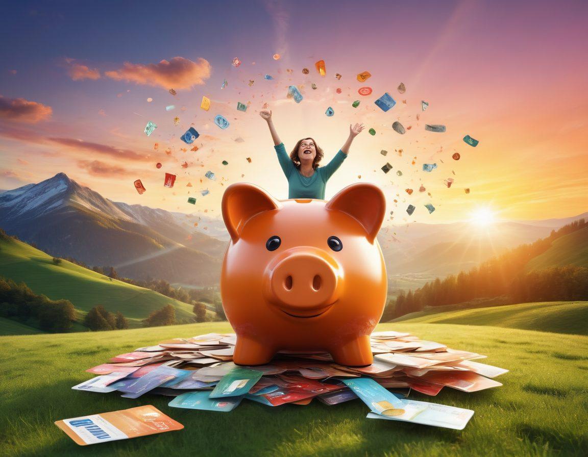 A visually engaging illustration of a person triumphantly tearing up a credit card, surrounded by symbols of financial freedom like a piggy bank, dollar signs, and a rising graph. The background depicts a peaceful landscape representing independence, such as a sun rising over hills. The scene should convey hope and empowerment. vibrant colors. super-realistic.