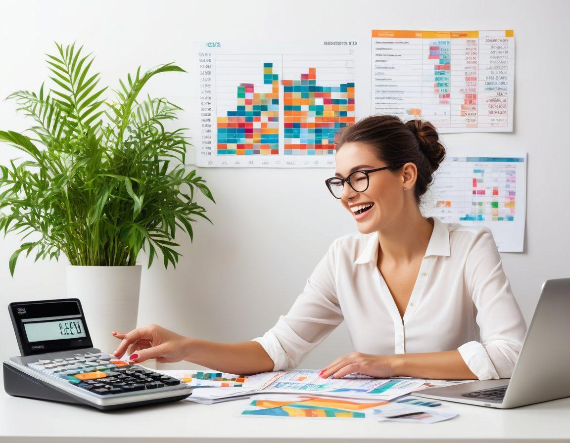 A split-screen image showing two scenarios: on one side, a person joyfully organizing their budget with colorful charts and a calculator, while on the other side, the same person looking overwhelmed with scattered bills and a credit card in hand. The background features a metaphorical representation of wealth growth with greenery and rising graphs. Bright and engaging colors reflect positivity and hope. super-realistic. vibrant colors. white background.