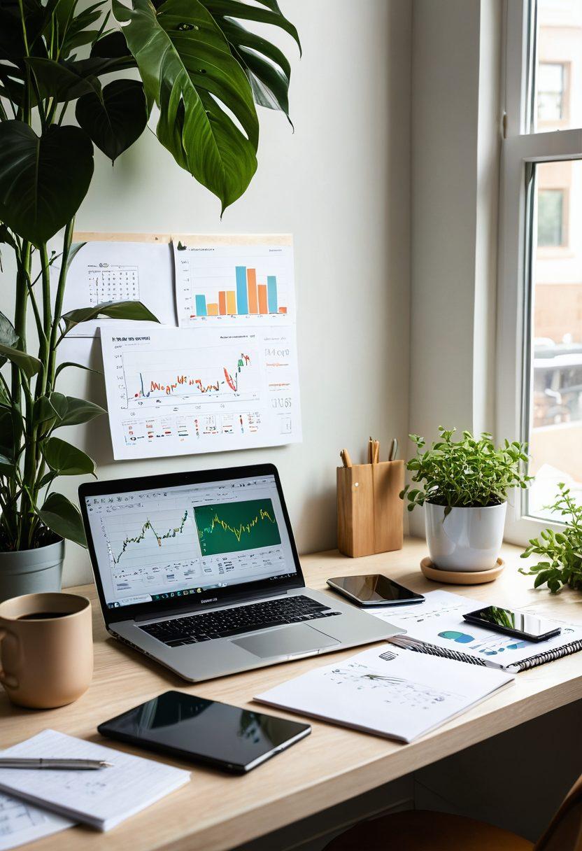 A serene and inviting workspace featuring a laptop displaying financial graphs and charts, alongside a notepad filled with credit management tips and savings hacks. In the background, lush green plants symbolize growth and prosperity, while a warm cup of coffee adds a personal touch. Soft sunlight filters through a window, creating an atmosphere of clarity and motivation. modern minimalism. vibrant colors. soft focus.